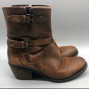 Clarks brown leather strappy heeled booties